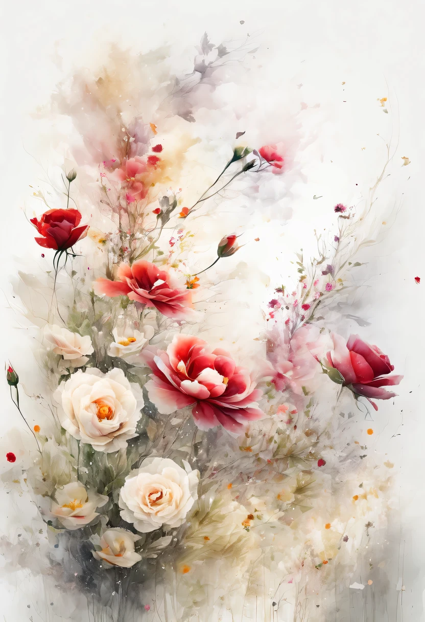 This watercolor flower painting presents an elegant and fresh visual effect。Wildflowers and roses in the field，Forming the perfect combination of nature and romance。The screen is dominated by a white background，Highlight isolated watercolor flower。Splash technology recreates wet conditions，The atmosphere seems vague and dreamy。Unique composition and abstract expression add to the artistic feel of the picture，Contains elements of surrealism。The overall color tone is mainly light tones，Red and gold complement each other，Show high-resolution details。The splash-ink effect adds a touch of agility to the picture，The light color gives the flowers a deep and restrained beauty.
