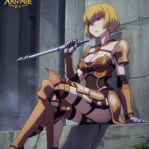 woman around twenty years old, with short blonde hair and delicate features, giving her a cat-like appearance. Her armor was made from the medals she had taken as trophies from the adventurers she had slain. Her favorite weapons were the stilettos she would wear on her sides, though she also used a mace and a mithril estoc coated with orichalcum