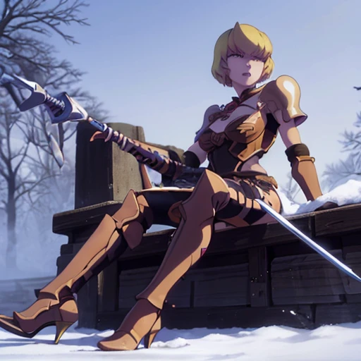 woman around twenty years old, with short blonde hair and delicate features, giving her a cat-like appearance. Her armor was made from the medals she had taken as trophies from the adventurers she had slain. Her favorite weapons were the stilettos she would wear on her sides, though she also used a mace and a mithril estoc coated with orichalcum