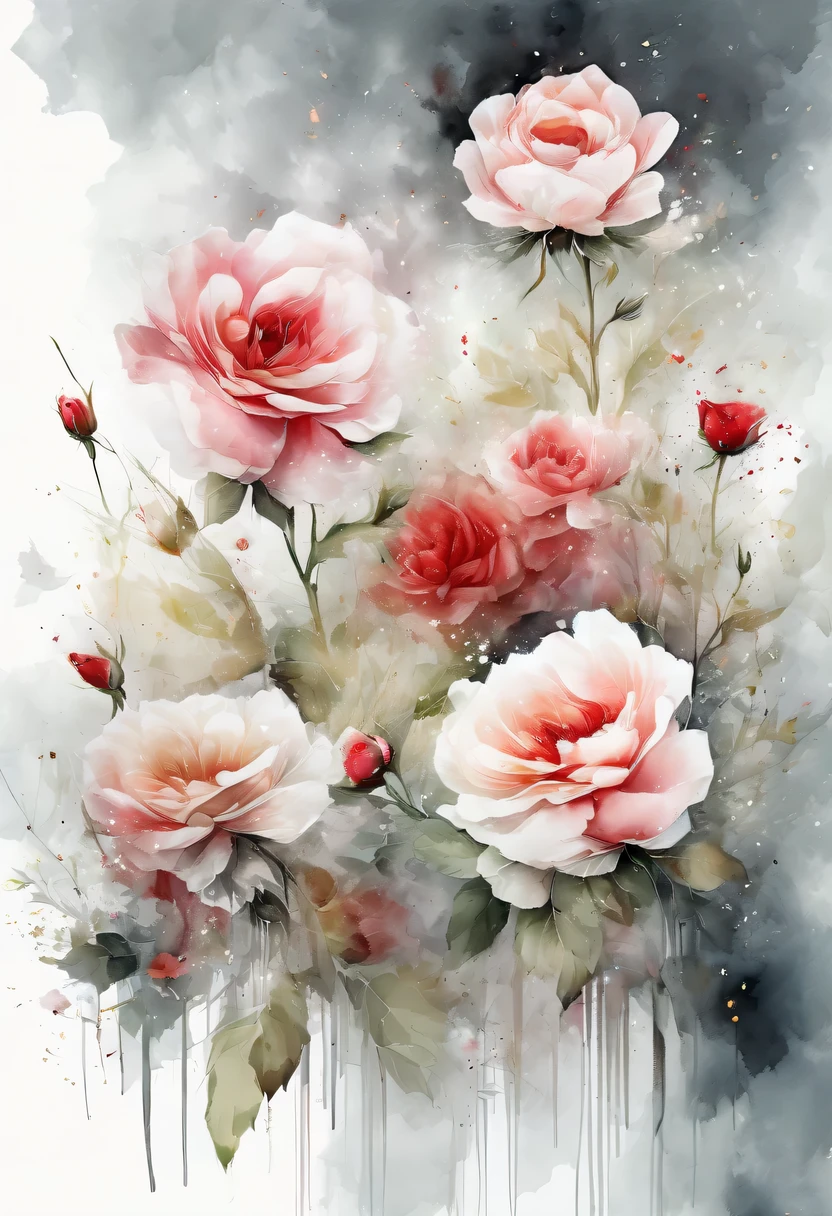 This watercolor flower painting presents an elegant and fresh visual effect。Wildflowers and roses in the field,Forming the perfect combination of nature and romance。The screen is dominated by a white background,Highlight isolated watercolor flower。Splash technology recreates wet conditions,The atmosphere seems vague and dreamy。Unique composition and abstract expression add to the artistic feel of the picture,Contains elements of surrealism。The overall color tone is mainly light tones,Red and gold complement each other,Show high-resolution details。The splash-ink effect adds a touch of agility to the picture,The light color gives the flowers a deep and restrained beauty.