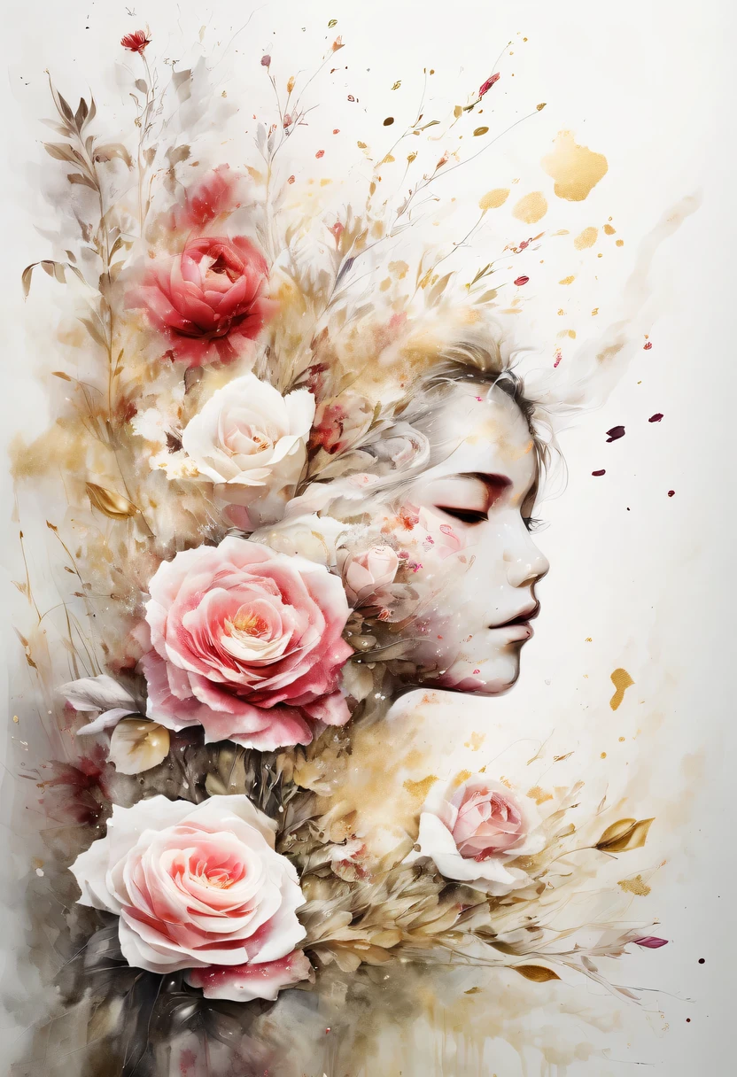 This watercolor flower painting presents an elegant and fresh visual effect。Wildflowers and roses in the field，Forming the perfect combination of nature and romance。The screen is dominated by a white background，Highlight isolated watercolor flower。Splash technology recreates wet conditions，The atmosphere seems vague and dreamy。Unique composition and abstract expression add to the artistic feel of the picture，Contains elements of surrealism。The overall color tone is mainly light tones，Red and gold complement each other，Show high-resolution details。The splash-ink effect adds a touch of agility to the picture，The light color gives the flowers a deep and restrained beauty.
