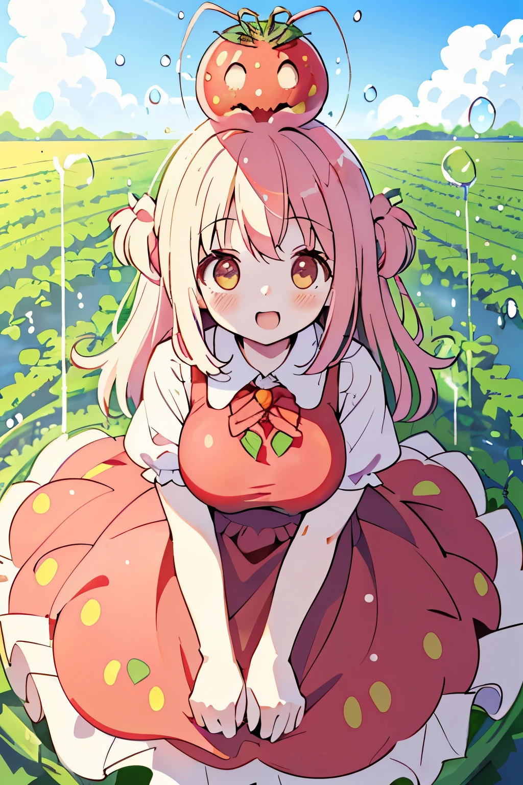 (Tomato field),(tomato-shaped hat on head:1.2),(Tomato Fairy:1.2),blush,Chibi,cute,girl,happy look,(Clear sky without a single cloud:1.3),(lots of large water droplets:1.3),(protruding breasts:1.3),(big breasts:1.15),(NSFW:1.0),(dress with lots of tomatoes:1.3),(A tomato grows out of its head like an antenna.:1.5),