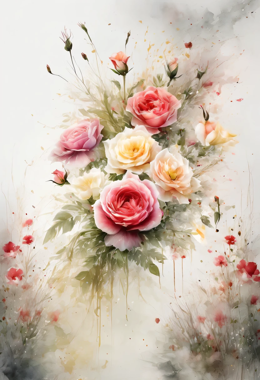 This watercolor flower painting presents an elegant and fresh visual effect。Wildflowers and roses in the field,Forming the perfect combination of nature and romance。The screen is dominated by a white background,Highlight isolated watercolor flower。Splash technology recreates wet conditions,The atmosphere seems vague and dreamy。Unique composition and abstract expression add to the artistic feel of the picture,Contains elements of surrealism。The overall color tone is mainly light tones,Red and gold complement each other,Show high-resolution details。The splash-ink effect adds a touch of agility to the picture,The light color gives the flowers a deep and restrained beauty.