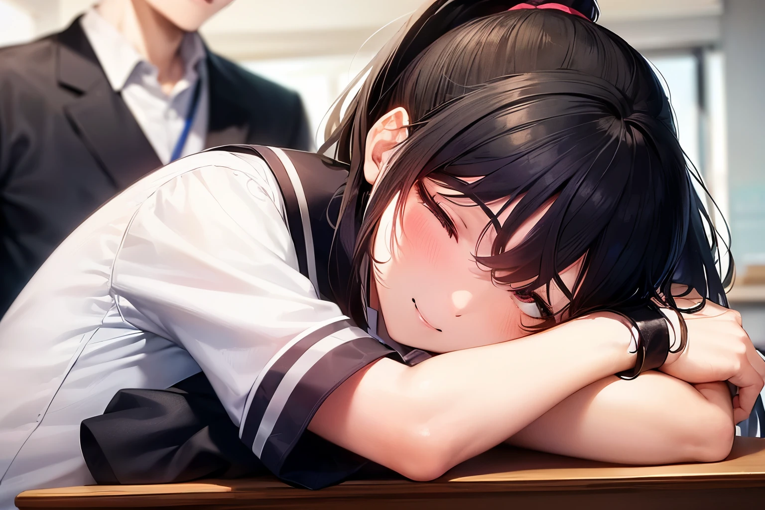 1boy,1girl,18 years old,black hair((girl hairstyle:ponytail)), black eyes,((girl wearing sailor school uniform)),((boy wearing school uniform)), classroom,((boy sleeping happy face down on the desk)),best quality,