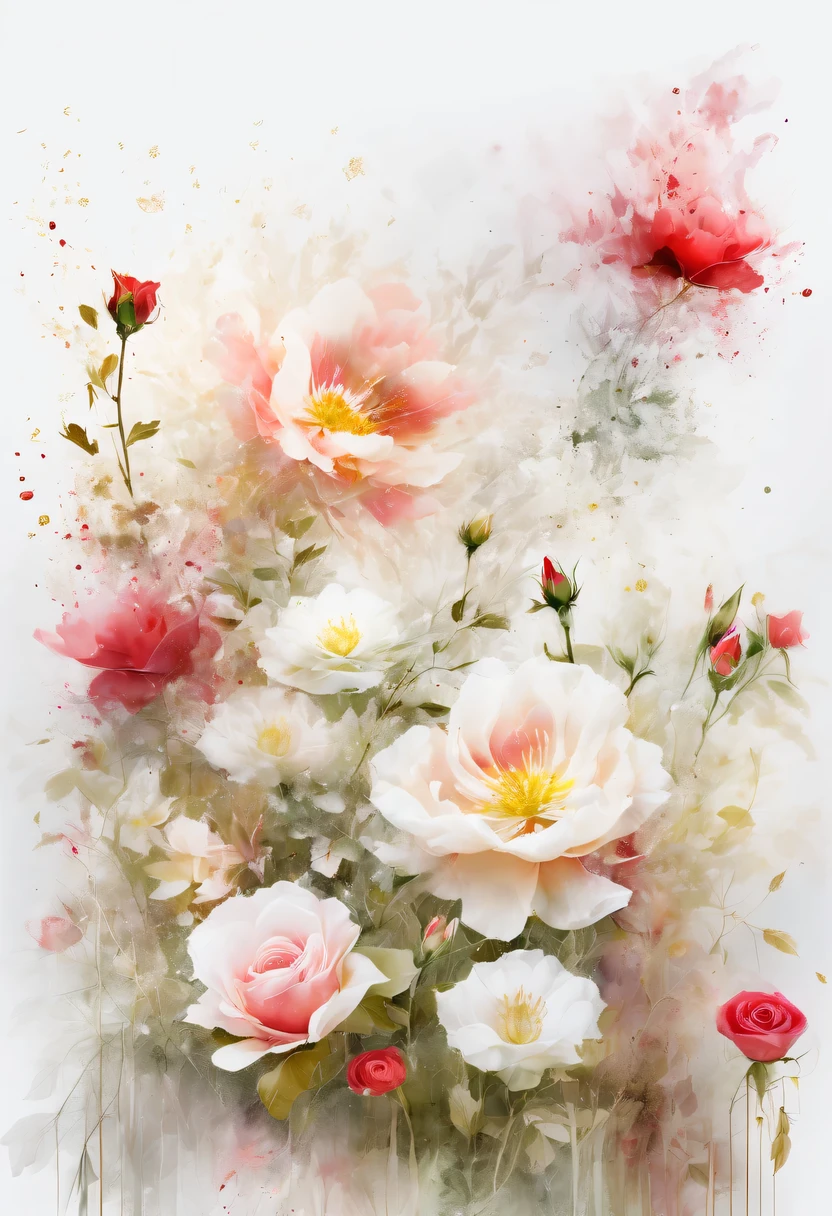 This watercolor flower painting presents an elegant and fresh visual effect。Wildflowers and roses in the field，Forming the perfect combination of nature and romance。The screen is dominated by a white background，Highlight isolated watercolor flower。Splash technology recreates wet conditions，The atmosphere seems vague and dreamy。Unique composition and abstract expression add to the artistic feel of the picture，Contains elements of surrealism。The overall color tone is mainly light tones，Red and gold complement each other，Show high-resolution details。The splash-ink effect adds a touch of agility to the picture，The light color gives the flowers a deep and restrained beauty.
