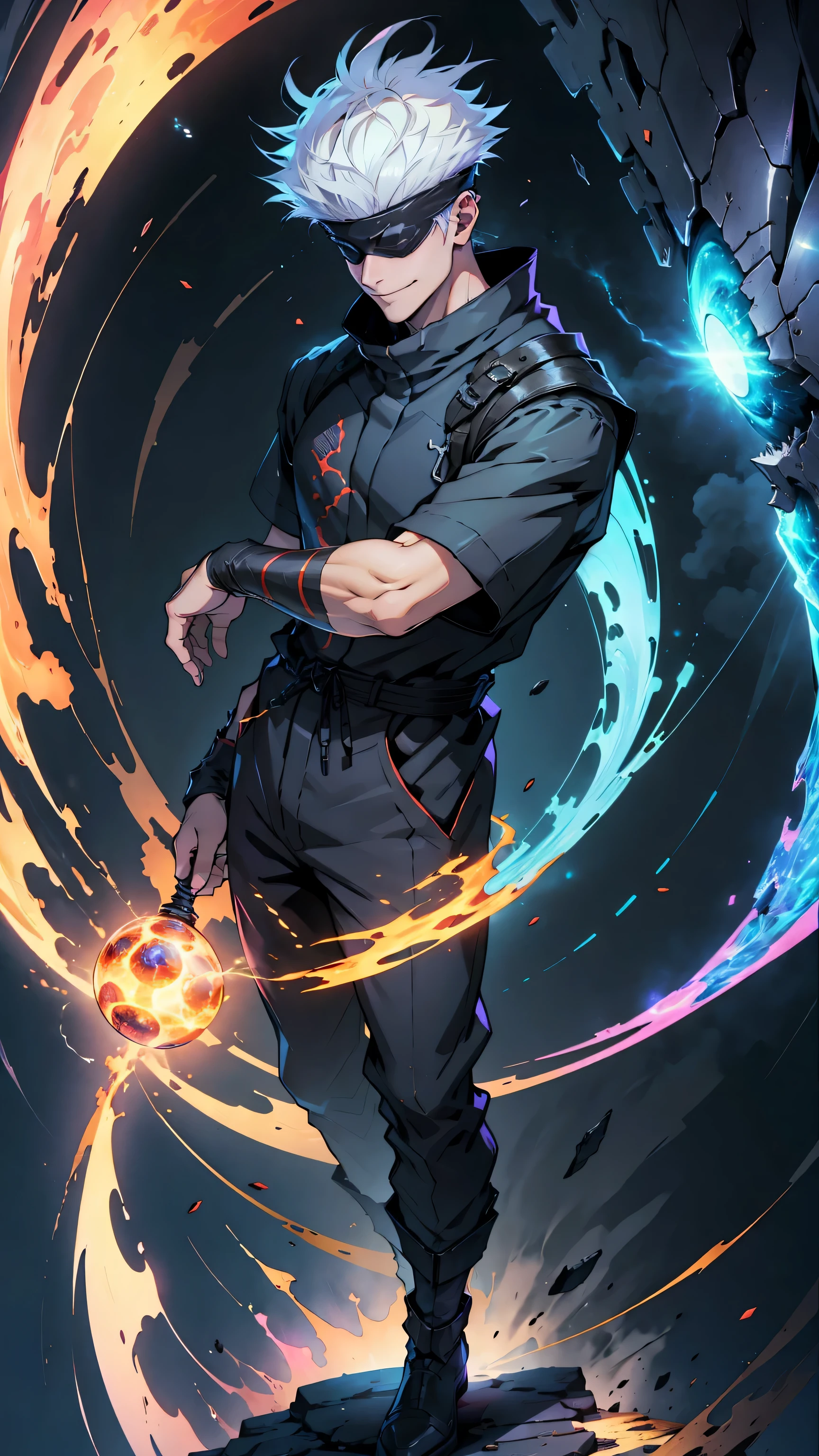 1boy, full body shot, perfect fingers, satoru gojo, blindfold, black outfit, white hair, battle pose, red energy void in right,blue energy void in left, smirk, red and blue moon background, wallpaper, cinematic,High resolution 8K, Bright light illumination, lens flare, sharpness, masterpiece, top-quality, The ultra -The high-definition, high resolution, extremely details CG, Anime style, Film Portrait Photography,