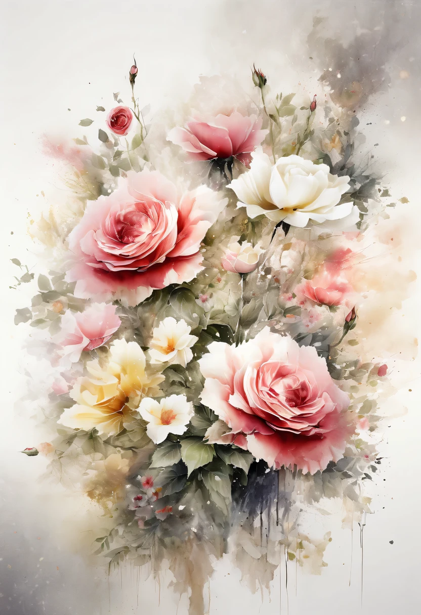 This watercolor flower painting presents an elegant and fresh visual effect。Wildflowers and roses in the field,Forming the perfect combination of nature and romance。The screen is dominated by a white background,Highlight isolated watercolor flower。Splash technology recreates wet conditions,The atmosphere seems vague and dreamy。Unique composition and abstract expression add to the artistic feel of the picture,Contains elements of surrealism。The overall color tone is mainly light tones,Red and gold complement each other,Show high-resolution details。The splash-ink effect adds a touch of agility to the picture,The light color gives the flowers a deep and restrained beauty.