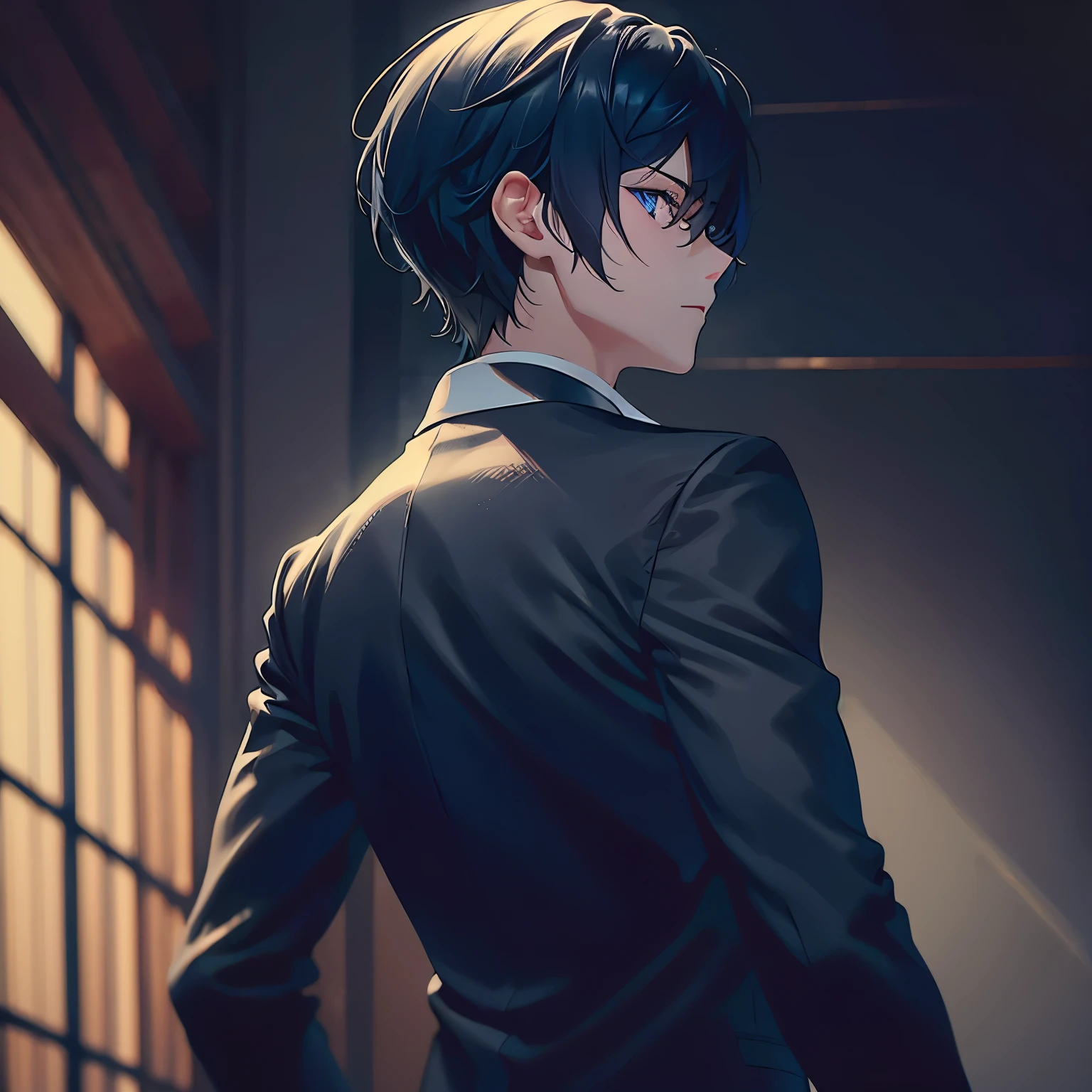 1boy,short hair,black hair,sharp eye,blue eye,black suit,soft lighting, volumetric lighting, intricate details, hyper detailed,(extremely fine and beautiful), (perfect details),semi side view, from behind
