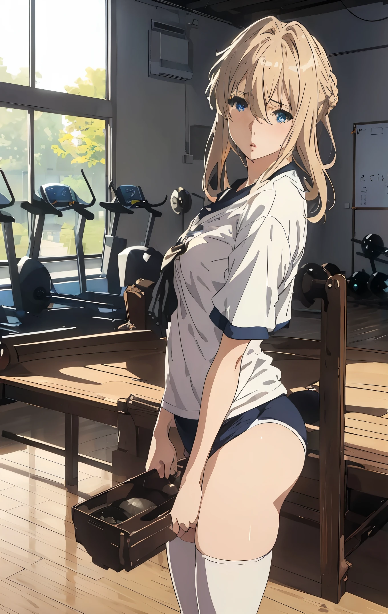 NSFW,((Illustration)),Violet Evergarden,1girl in,masturbation,Clothing ,((disheveled hair)), (Beautiful detailed eyes), Full body,Blue eyes, Beautiful, amazing, Detailed eyes, Soft lips, deadpan, cleavage, Looking at Viewer ,on the bed, isometric, (((Realistic))), Photorealistic, Blonde hair ,Violet_Evergarden,Blonde_hair, Blue_Eyes, Blonde public hair ,White lace panties,White garter belt  ,anime key visual of elegant, Key Anime Art, key visual, Anime visuals of cute girls, Detailed key anime art,  anime visual of a young woman, key anime visuals,Blonde public hair,Sucking sausages,,(((black buruma, school, gym shirts, white t-shirts, gym uniform, Photo of girl in wooden floor school gym room))),buruma is bikini type ,dynamic angle 