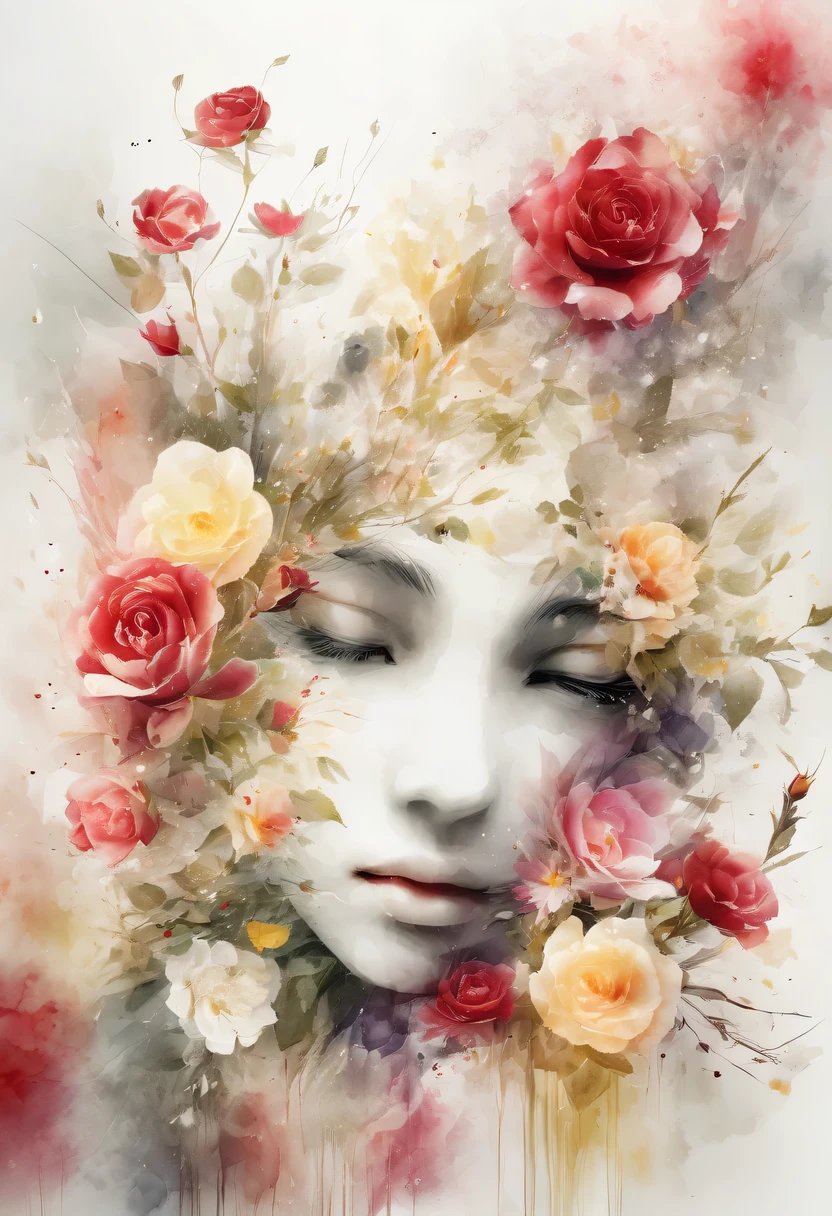 This watercolor flower painting presents an elegant and fresh visual effect。Wildflowers and roses in the field，Forming the perfect combination of nature and romance。The screen is dominated by a white background，Highlight isolated watercolor flower。Splash technology recreates wet conditions，The atmosphere seems vague and dreamy。Unique composition and abstract expression add to the artistic feel of the picture，Contains elements of surrealism。The overall color tone is mainly light tones，Red and gold complement each other，Show high-resolution details。The splash-ink effect adds a touch of agility to the picture，The light color gives the flowers a deep and restrained beauty.
