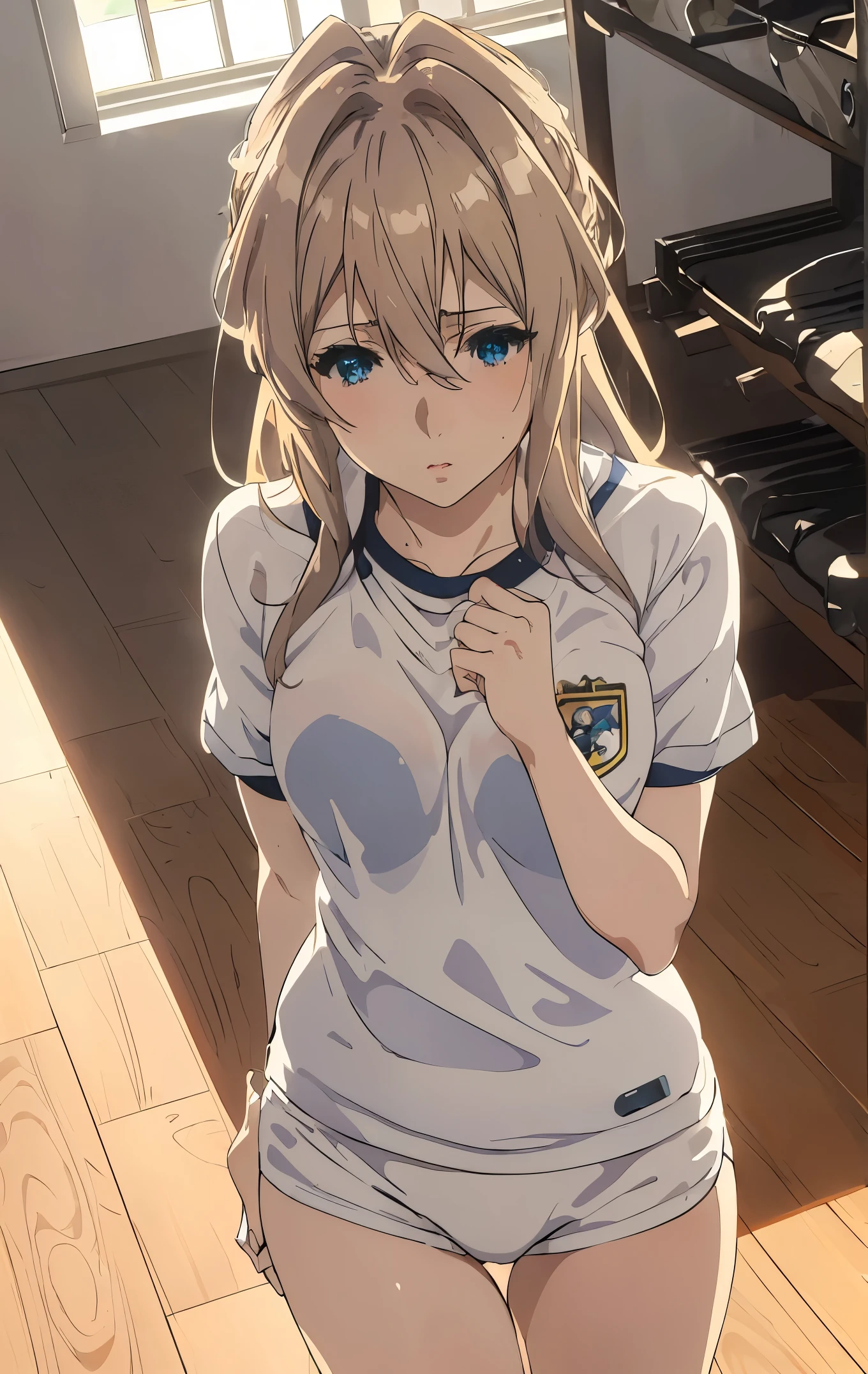 NSFW,((Illustration)),Violet Evergarden,1girl in,masturbation,Clothing ,((disheveled hair)), (Beautiful detailed eyes), Full body,Blue eyes, Beautiful, amazing, Detailed eyes, Soft lips, deadpan, cleavage, Looking at Viewer ,on the bed, isometric, (((Realistic))), Photorealistic, Blonde hair ,Violet_Evergarden,Blonde_hair, Blue_Eyes, Blonde public hair ,White lace panties,White garter belt  ,anime key visual of elegant, Key Anime Art, key visual, Anime visuals of cute girls, Detailed key anime art,  anime visual of a young woman, key anime visuals,Blonde public hair,Sucking sausages,,(((black buruma, school, gym shirts, white t-shirts, gym uniform, Photo of girl in wooden floor school gym room))),buruma is bikini type ,dynamic angle 