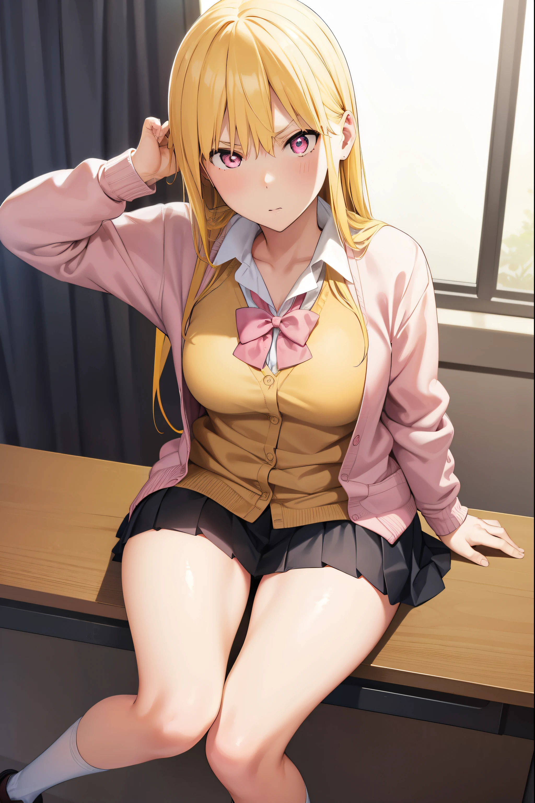 masterpiece, best quality, highres, 1girl, solo, long hair, blonde hair, double bun, drill hair, brown eyes, , green bowtie, white shirt, sweater vest, yellow vest, short sleeves, plaid skirt, green skirt, ,angry,(((lift skirt,panties))),blush,looking viewer,squatting,open legs,spread legs,my room,(From below)