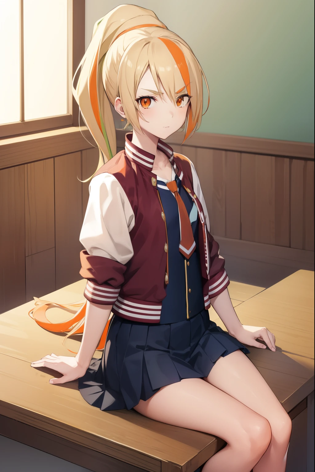 sakinikaidou, saki nikaidou, blonde hair, eyes visible through hair, hair over one eye, light green hair, long hair, multicolored hair, (orange eyes:1.5), orange hair, ponytail, streaked hair, (small breast:1.2),
BREAK blue skirt, jacket, (letterman jacket:1.5), necktie, orange necktie, skirt,
BREAK looking at viewer, full body,
BREAK indoors, classroom,
BREAK (masterpiece:1.2), best quality, high resolution, unity 8k wallpaper, (illustration:0.8), (beautiful detailed eyes:1.6), extremely detailed face, perfect lighting, extremely detailed CG, (perfect hands, perfect anatomy),