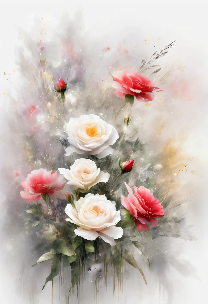 This watercolor flower painting presents an elegant and fresh visual effect。Wildflowers and roses in the field,Forming the perfect combination of nature and romance。The screen is dominated by a white background,Highlight isolated watercolor flower。Splash technology recreates wet conditions,The atmosphere seems vague and dreamy。Unique composition and abstract expression add to the artistic feel of the picture,Contains elements of surrealism。The overall color tone is mainly light tones,Red and gold complement each other,Show high-resolution details。The splash-ink effect adds a touch of agility to the picture,The light color gives the flowers a deep and restrained beauty.