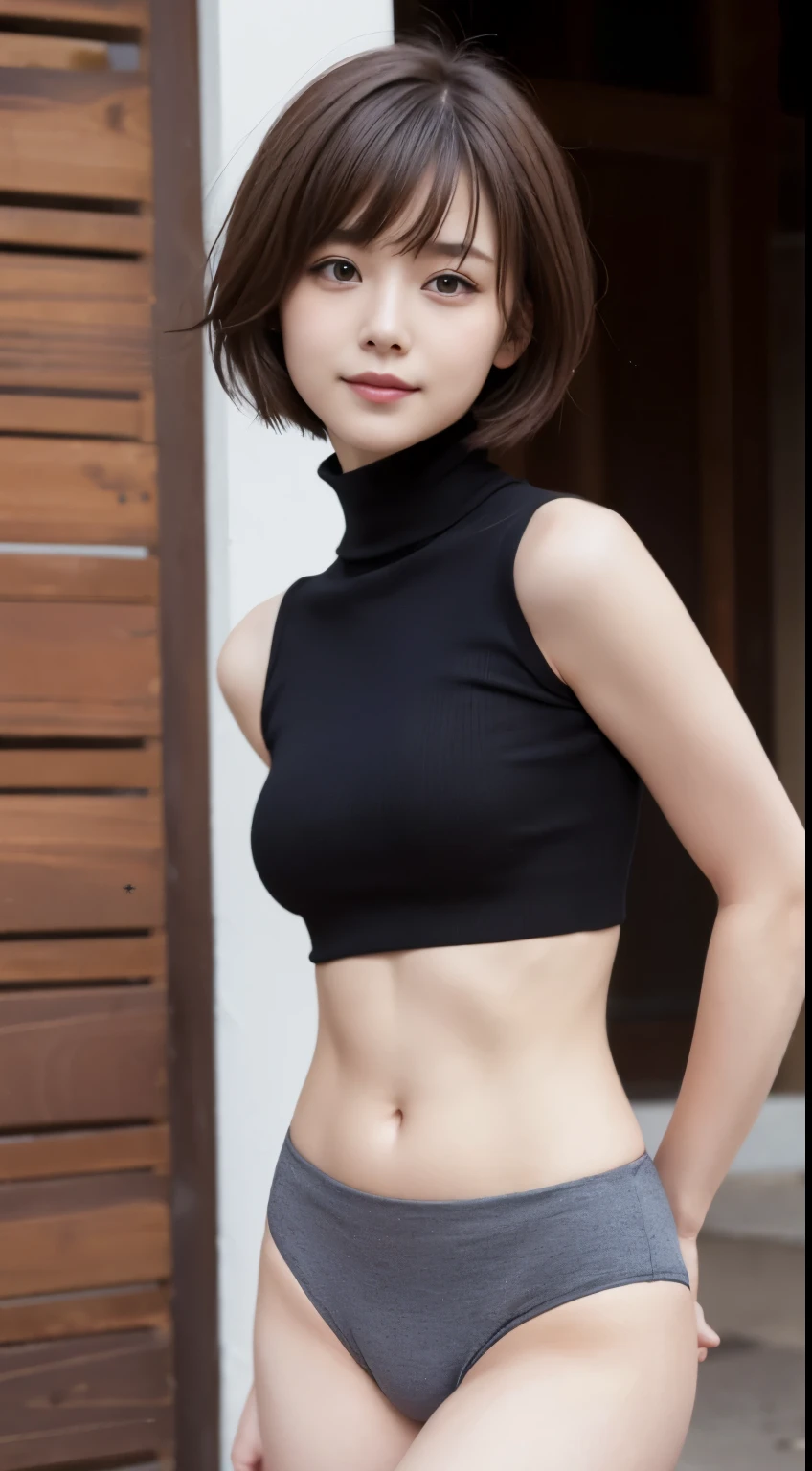 pieces fly、highest quality、An illustration、super fine、Are you okay、High resolution、8k wallpaper、perfect dynamic composition、(((Full body Esbian)))、((from below))、20 year old cute girl、detailed beautiful face、detailed and cute eyes、fine-textured skin、My cheeks turned red、shy、(short cut hair:1.3)、(Wavy brown hair)、big breasts、bold sexy pose、smile、(sleeveless、Navel exposure、Fitted turtleneck)、hot pants laces street、Underboob is protruding、between the legs、small ass、thin butt、Please generate on the eaves.、thin shoulders、In underwear、