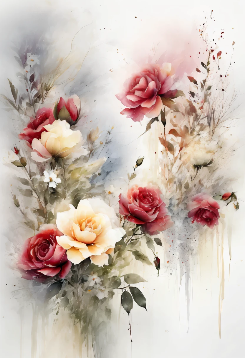 This watercolor flower painting presents an elegant and fresh visual effect。Wildflowers and roses in the field,Forming the perfect combination of nature and romance。The screen is dominated by a white background,Highlight isolated watercolor flower。Splash technology recreates wet conditions,The atmosphere seems vague and dreamy。Unique composition and abstract expression add to the artistic feel of the picture,Contains elements of surrealism。The overall color tone is mainly light tones,Red and gold complement each other,Show high-resolution details。The splash-ink effect adds a touch of agility to the picture,The light color gives the flowers a deep and restrained beauty.