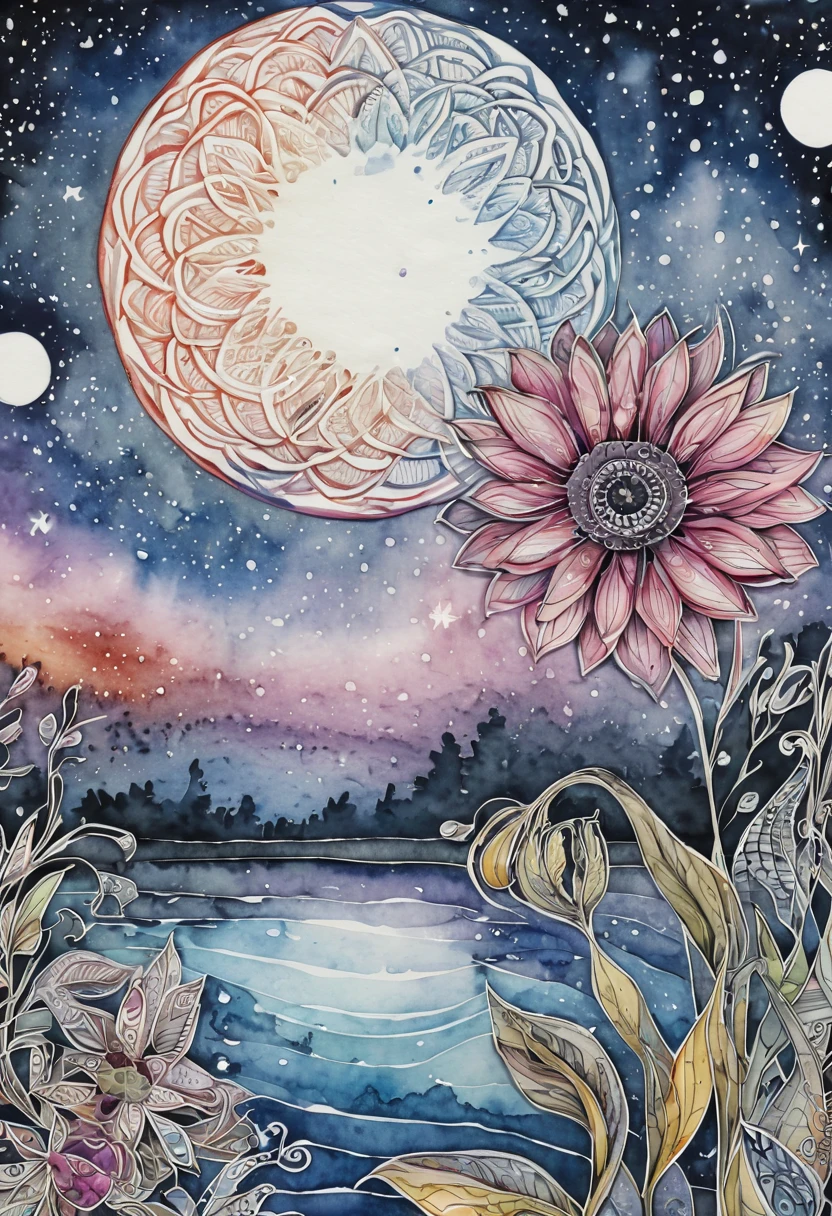 ((Zentangle Watercolor Flowers close up)). (best quality,4k,highres,masterpiece:1.2),ultra-detailed,(realistic:1.37), zentangle lines, (((These flowers can be found in a  70 different known species worldwide. In addition, they provide shelter to various types of fish and invertebrates in any pond or water body so that they grow up vin a zentangle style))) View in a (((zentangle style))), zentangle twinkling stars,detailed zentangleç Watercolor Flowers,vivid colors, zentangle dreamlike atmosphere, zentangle zigzag patterns,sharp lines,black and white combination,zentangled water,surrealistic, zentangle night sky,,contrast between lights and shadows,creativity,unique style,meticulous attention to details,expressive strokes,mysterious vibes,imagination,enchanted scene,nighttime hustle and bustle,thousands of Watercolor Flowers,creative interpretations,nature symmetry,zigzag rooftops,glowing skyscrapers,limited color palette,zentangle influences,naturescape at night,tranquil ambiance,moonlit scenery.