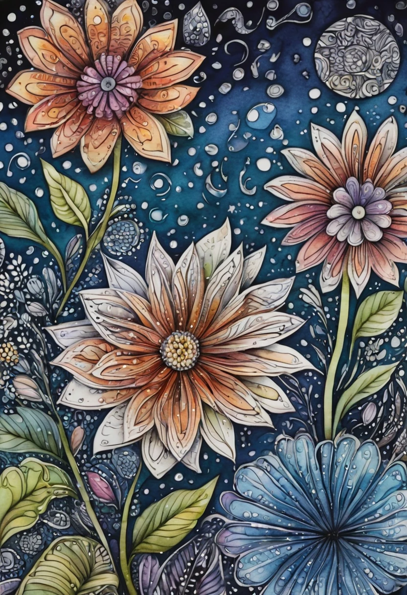 ((Zentangle Watercolor Flowers close up)). (best quality,4k,highres,masterpiece:1.2),ultra-detailed,(realistic:1.37), zentangle lines, (((These flowers can be found in a  70 different known species worldwide. In addition, they provide shelter to various types of fish and invertebrates in any pond or water body so that they grow up vin a zentangle style))) View in a (((zentangle style))), zentangle twinkling stars,detailed zentangleç Watercolor Flowers,vivid colors, zentangle dreamlike atmosphere, zentangle zigzag patterns,sharp lines,black and white combination,zentangled water,surrealistic, zentangle night sky,,contrast between lights and shadows,creativity,unique style,meticulous attention to details,expressive strokes,mysterious vibes,imagination,enchanted scene,nighttime hustle and bustle,thousands of Watercolor Flowers,creative interpretations,nature symmetry,zigzag rooftops,glowing skyscrapers,limited color palette,zentangle influences,naturescape at night,tranquil ambiance,moonlit scenery.