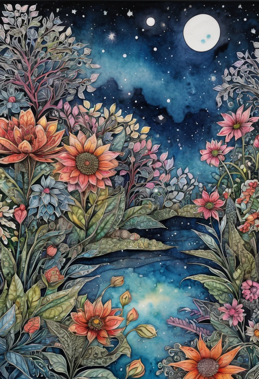 ((Zentangle Watercolor Flowers close up)). (best quality,4k,highres,masterpiece:1.2),ultra-detailed,(realistic:1.37), zentangle lines, (((These flowers can be found in a 70 different known species worldwide. In addition, they provide shelter to various types of fish and invertebrates in any pond or water body so that they grow up vin a zentangle style))) View in a (((zentangle style))), zentangle twinkling stars,detailed zentangleç Watercolor Flowers,vivid colors, zentangle dreamlike atmosphere, zentangle zigzag patterns,sharp lines,black and white combination,zentangled water,surrealistic, zentangle night sky,,contrast between lights and shadows,creativity,unique style,meticulous attention to details,expressive strokes,mysterious vibes,imagination,enchanted scene,nighttime hustle and bustle,thousands of Watercolor Flowers,creative interpretations,nature symmetry,zigzag rooftops,glowing skyscrapers,limited color palette,zentangle influences,naturescape at night,tranquil ambiance,moonlit scenery.