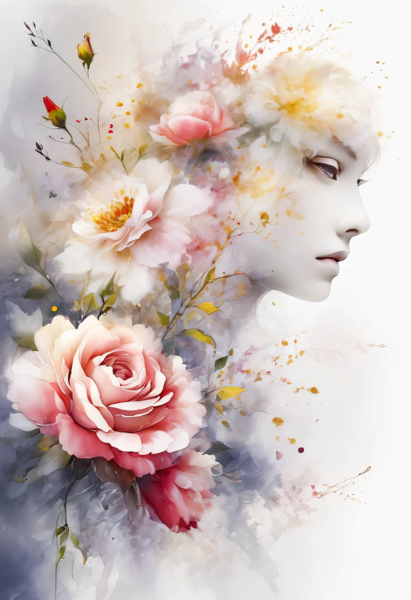 This watercolor flower painting presents an elegant and fresh visual effect。Wildflowers and roses in the field,Forming the perfect combination of nature and romance。The screen is dominated by a white background,Highlight isolated watercolor flower。Splash technology recreates wet conditions,The atmosphere seems vague and dreamy。Unique composition and abstract expression add to the artistic feel of the picture,Contains elements of surrealism。The overall color tone is mainly light tones,Red and gold complement each other,Show high-resolution details。The splash-ink effect adds a touch of agility to the picture,The light color gives the flowers a deep and restrained beauty.