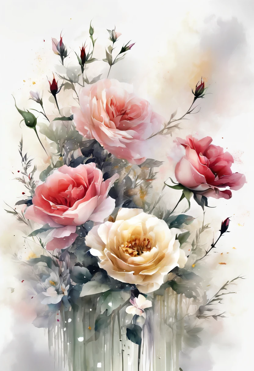 This watercolor flower painting presents an elegant and fresh visual effect。Wildflowers and roses in the field，Forming the perfect combination of nature and romance。The screen is dominated by a white background，Highlight isolated watercolor flower。Splash technology recreates wet conditions，The atmosphere seems vague and dreamy。Unique composition and abstract expression add to the artistic feel of the picture，Contains elements of surrealism。The overall color tone is mainly light tones，Red and gold complement each other，Show high-resolution details。The splash-ink effect adds a touch of agility to the picture，The light color gives the flowers a deep and restrained beauty.
