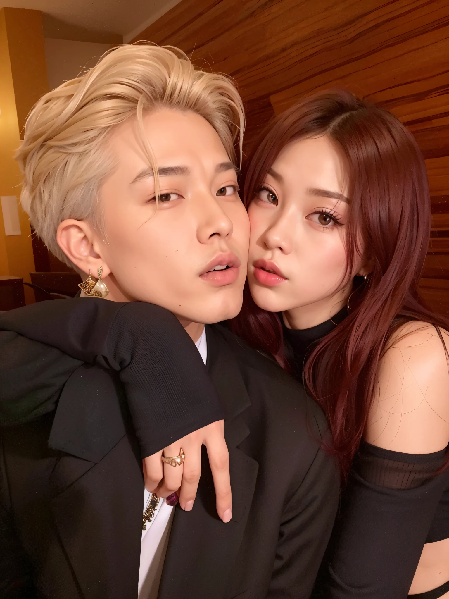 araffe and a woman with red hair and a black suit, nixeu and sakimichan, cai xukun, with black, with ivy, kim doyoung, taejune kim, they are close to each other, couple pose, kda and sam yang, sun yunjoo, both have red lips, jia, sha xi, ruan jia and brom, woman blackpink Jennie, man stray kids Felix