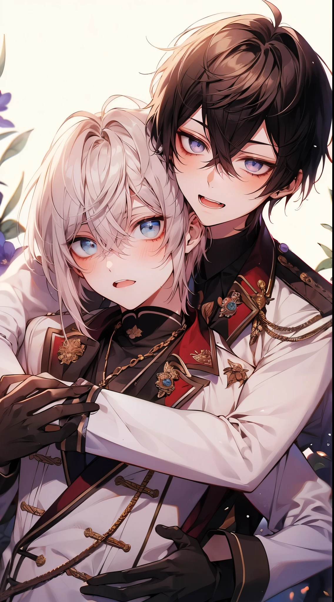 Anime style, two handsome young men, blonde with bangs, short white hair, blue eyes, uniform-like attire with lace details, purple flowers, floral patterns in the background, one embracing the other from behind, One person looked surprised, the other person smiled, background with light effects, delicate expressions, clothes with decorative patterns
