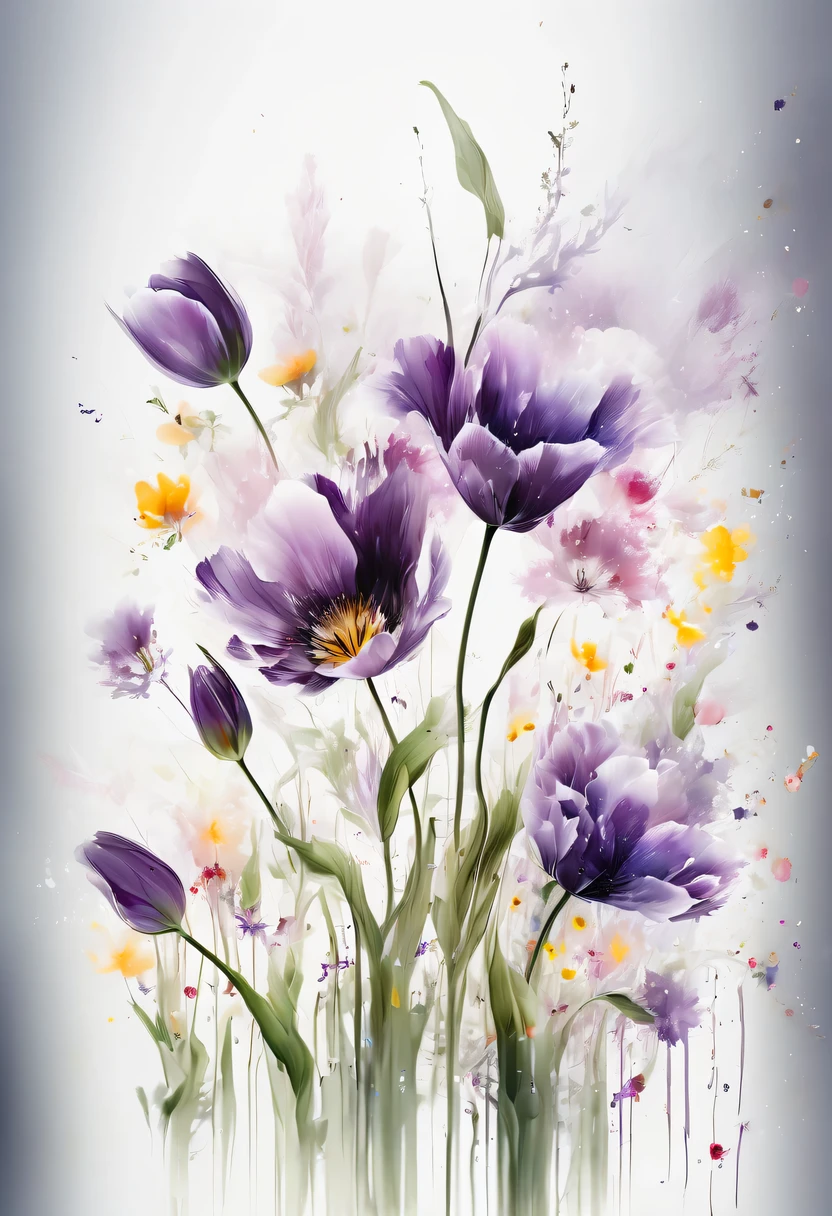 This watercolor flower painting presents an elegant and fresh visual effect。Field of wildflowers and tulips,Forming the perfect combination of nature and romance。The screen is dominated by a white background,Highlight isolated watercolor flower。Splash technology recreates wet conditions,The atmosphere seems vague and dreamy。Unique composition and abstract expression add to the artistic feel of the picture,Contains elements of surrealism。The overall color tone is mainly light tones,Purple and gold complement each other beautifully,Show high-resolution details。The splash-ink effect adds a touch of agility to the picture,The light color gives the flowers a deep and restrained beauty.