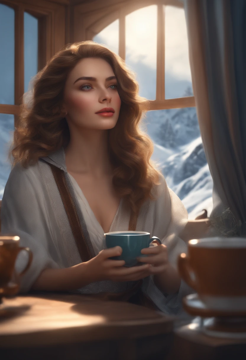 (best quality,4k,8k,highres,masterpiece:1.2),ultra-detailed,(realistic,photorealistic,photo-realistic:1.37),HDR,UHD,studio lighting,ultra-fine painting,sharp focus,physically-based rendering,extreme detail description,professional,vivid colors,bokeh,portrait,alone,sitting by the snow-covered window,looking up at the sky,drinking coffee,cool color palette,digital animation illustration,inspired by WLOP's artwork,ArtStation top,extremely detailed fantasy character,3D animation style,high-quality rendering