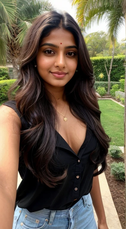 A 23-year-old fair brown skinned Indian American woman, black hair with light brown roots. Hair with brown roots, medium breast, really long hair, Beautiful, Front view, selfie, photo taken with iPhone, elegant black shirt with escote, escotada, selfie in the garden, high quality, selfie iPhone, small cleavage