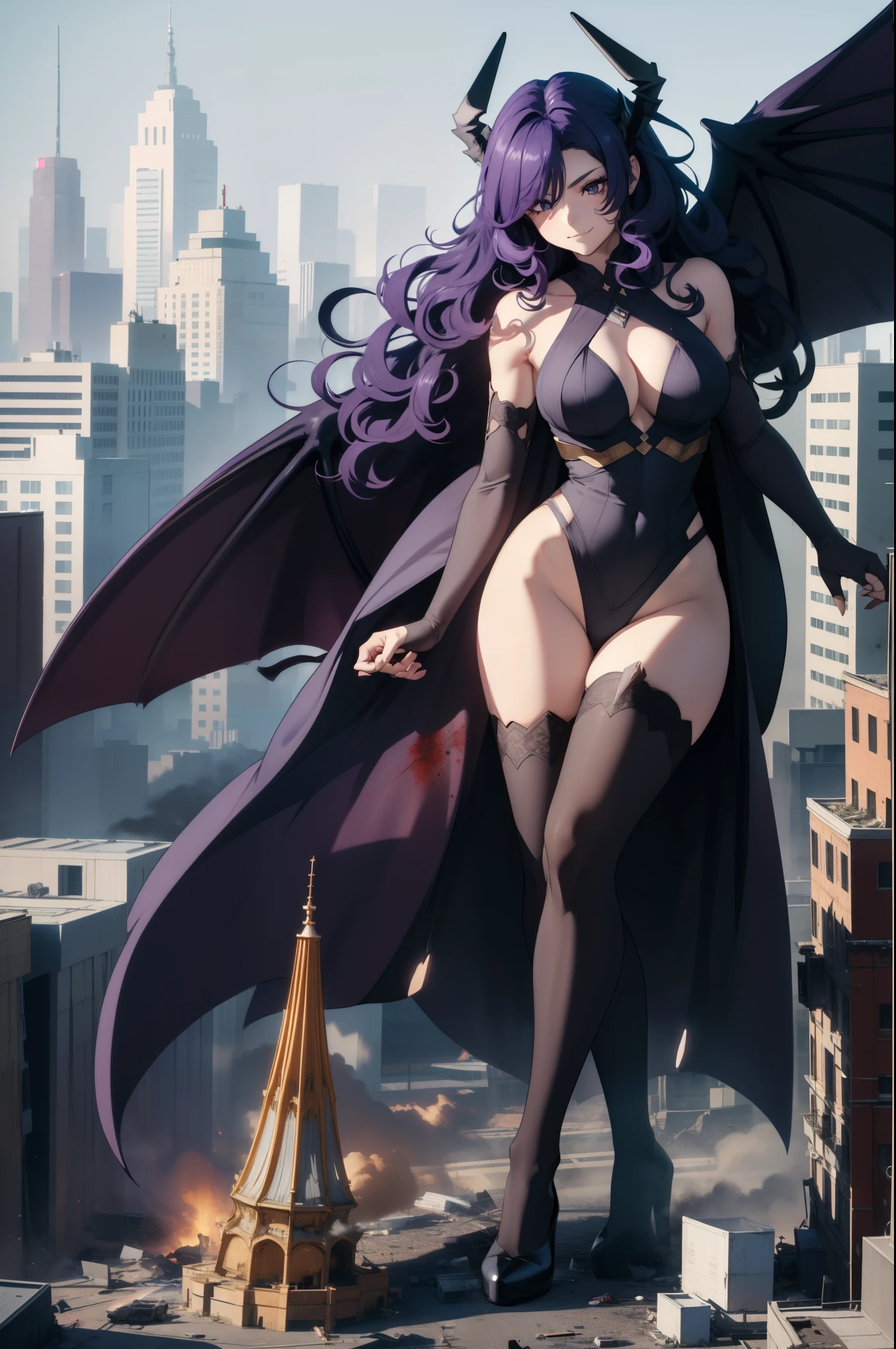 Aerial View,Giant girl 50,000 feet tall,Have a pair of long legs,Possessing a pair of huge demon wings,Has purple waist-length hair,Loose hair,Wearing a pair of Mary Jane shoes,Purple curly hair,A look of enjoyment,Standing tall in a destroyed city,Beautiful appearance,Exquisite makeup,quality,8k,high quality,(governor:1.5),perfect proportions, Cinema lighting, film grain, Fuji colors, 8k, textured skin, Super details, high detail, high quality, high resolution,explode,fake smile,black stockings,blood stains,脚底有blood stains
