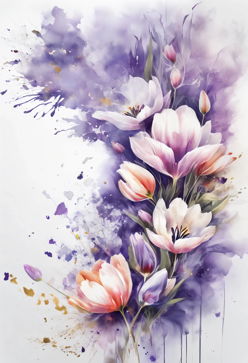 This watercolor flower painting presents an elegant and fresh visual effect。Field of wildflowers and tulips，Forming the perfect combination of nature and romance。The screen is dominated by a white background，Highlight isolated watercolor flower。Splash technology recreates wet conditions，The atmosphere seems vague and dreamy。Unique composition and abstract expression add to the artistic feel of the picture，Contains elements of surrealism。The overall color tone is mainly light tones，Purple and gold complement each other beautifully，Show high-resolution details。The splash-ink effect adds a touch of agility to the picture，The light color gives the flowers a deep and restrained beauty.