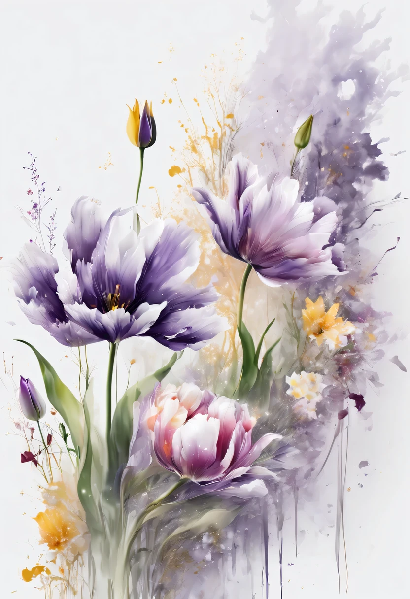 This watercolor flower painting presents an elegant and fresh visual effect。Field of wildflowers and tulips，Forming the perfect combination of nature and romance。The screen is dominated by a white background，Highlight isolated watercolor flower。Splash technology recreates wet conditions，The atmosphere seems vague and dreamy。Unique composition and abstract expression add to the artistic feel of the picture，Contains elements of surrealism。The overall color tone is mainly light tones，Purple and gold complement each other beautifully，Show high-resolution details。The splash-ink effect adds a touch of agility to the picture，The light color gives the flowers a deep and restrained beauty.