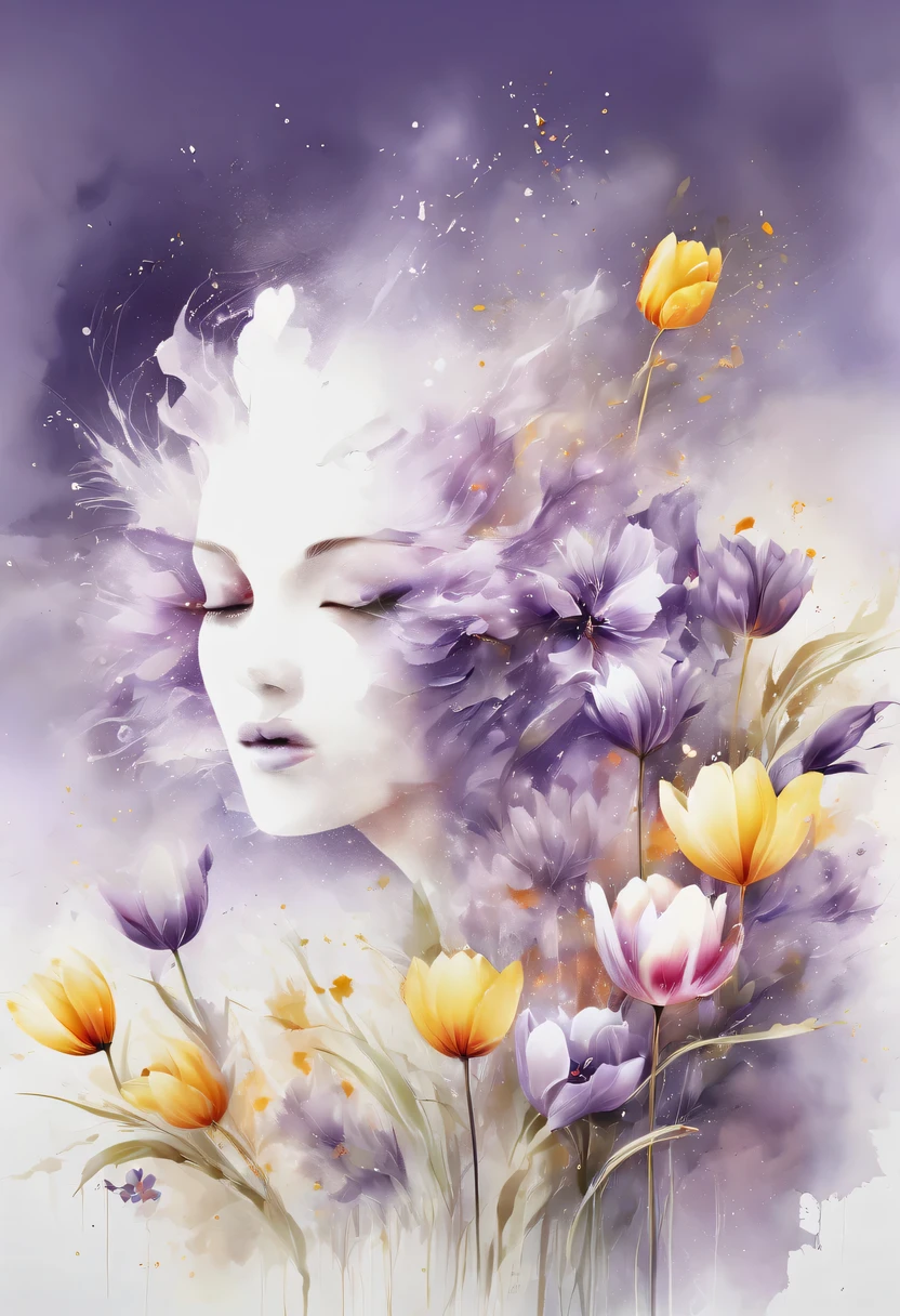 This watercolor flower painting presents an elegant and fresh visual effect。Field of wildflowers and tulips，Forming the perfect combination of nature and romance。The screen is dominated by a white background，Highlight isolated watercolor flower。Splash technology recreates wet conditions，The atmosphere seems vague and dreamy。Unique composition and abstract expression add to the artistic feel of the picture，Contains elements of surrealism。The overall color tone is mainly light tones，Purple and gold complement each other beautifully，Show high-resolution details。The splash-ink effect adds a touch of agility to the picture，The light color gives the flowers a deep and restrained beauty.