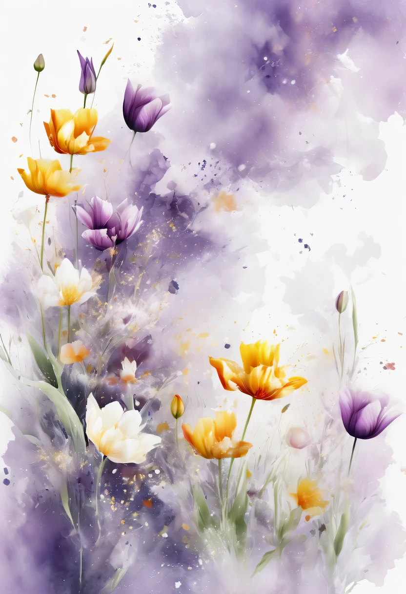 This watercolor flower painting presents an elegant and fresh visual effect。Field of wildflowers and tulips，Forming the perfect combination of nature and romance。The screen is dominated by a white background，Highlight isolated watercolor flower。Splash technology recreates wet conditions，The atmosphere seems vague and dreamy。Unique composition and abstract expression add to the artistic feel of the picture，Contains elements of surrealism。The overall color tone is mainly light tones，Purple and gold complement each other beautifully，Show high-resolution details。The splash-ink effect adds a touch of agility to the picture，The light color gives the flowers a deep and restrained beauty.