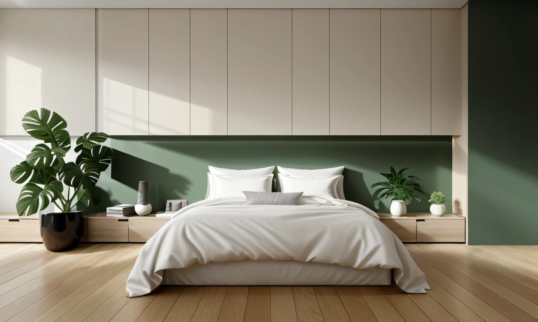 best quality, masterpiece, BEDROOM Interior design, 1000k, minimalist style:1.2, GREEN tone:1.2, 