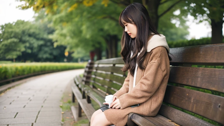 (highest quality)), ((masterpiece)), (be familiar with), perfect style、woman、Japanese、brown hair、24age、Person small、Landscape、I'm depressed、park bench
