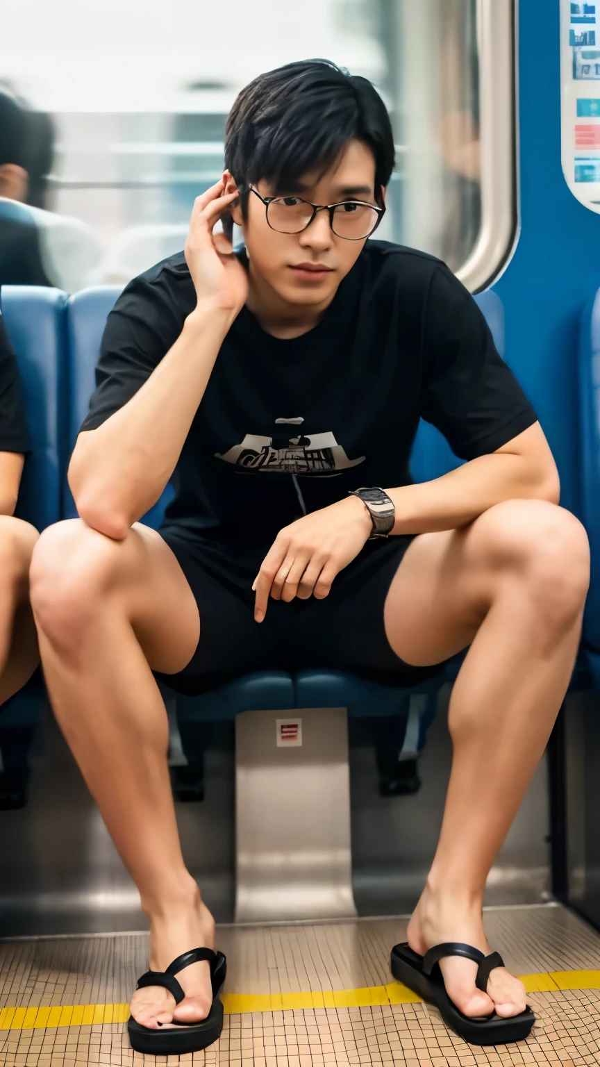 whole body, very hairy legs, flip flops, Japanese man in his late 20s, muscular and toned legs, glasses, two block, black hair, very short hair, wearing shorts, Wearing a plain T-shirt, Sitting in a train seat, from below