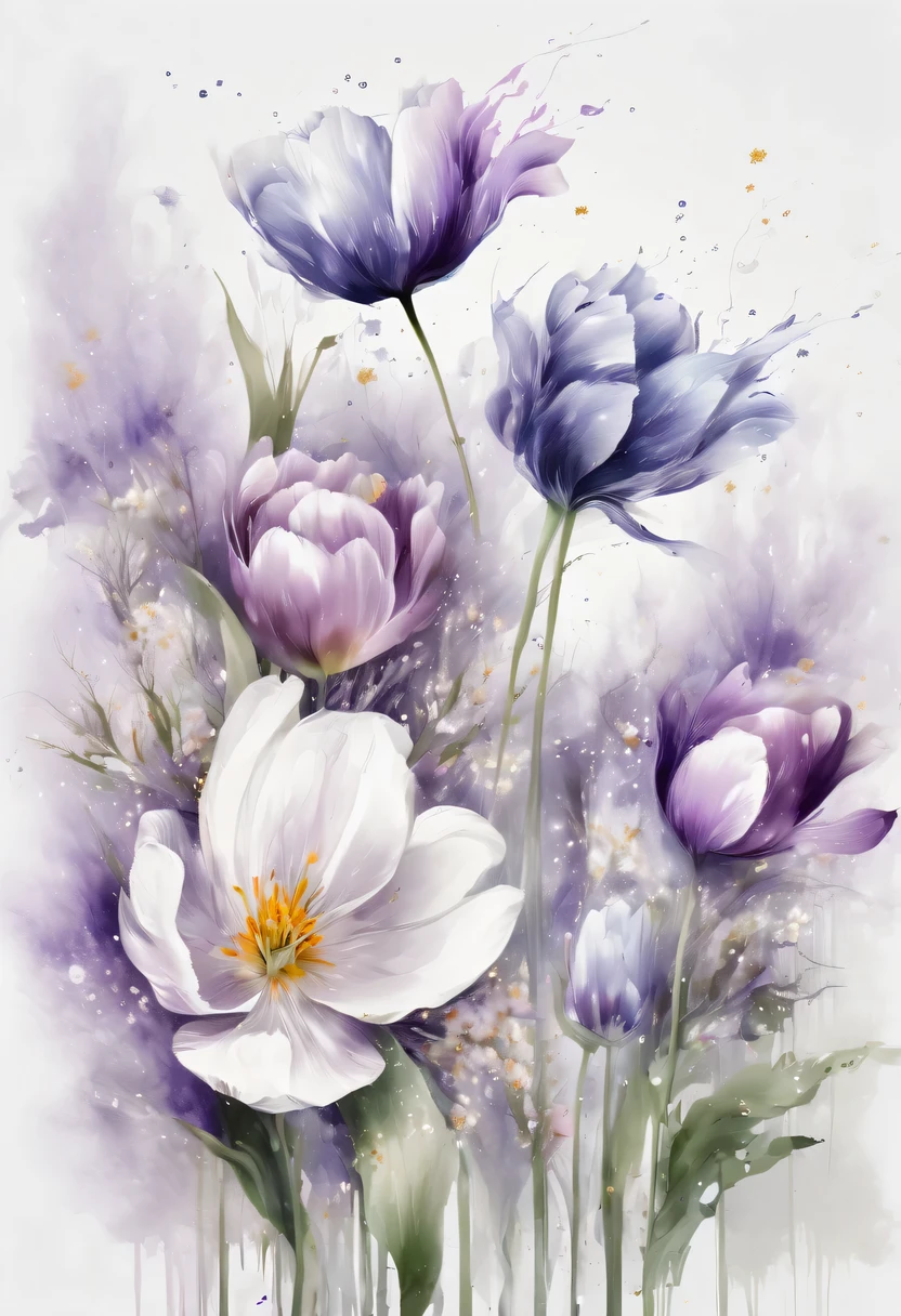 This watercolor flower painting presents an elegant and fresh visual effect。Field of wildflowers and tulips，Forming the perfect combination of nature and romance。The screen is dominated by a white background，Highlight isolated watercolor flower。Splash technology recreates wet conditions，The atmosphere seems vague and dreamy。Unique composition and abstract expression add to the artistic feel of the picture，Contains elements of surrealism。The overall color tone is mainly light tones，Purple and gold complement each other beautifully，Show high-resolution details。The splash-ink effect adds a touch of agility to the picture，The light color gives the flowers a deep and restrained beauty.