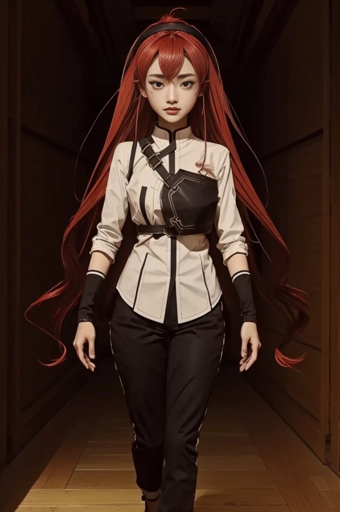 annoyed,tsundere,glaring,night,
è¾èä¸,1girl,solo,red hair,ahoge,bangs,hair between eyes,thick eyebrows,red eyes,indoors,
åè©ç½è¡«,hairband,very long hair,long hair,white collar,white shirt,chest protector,black pants,capri pants,brown footwear,black gloves,, Exquisite visuals, high-definition,masterpiece,best quality,Exquisite visuals,high-definition,masterpiece,best quality,18yo,Young female,Beautiful Fingers,Beautiful long legs,Beautiful body,Beautiful character design,