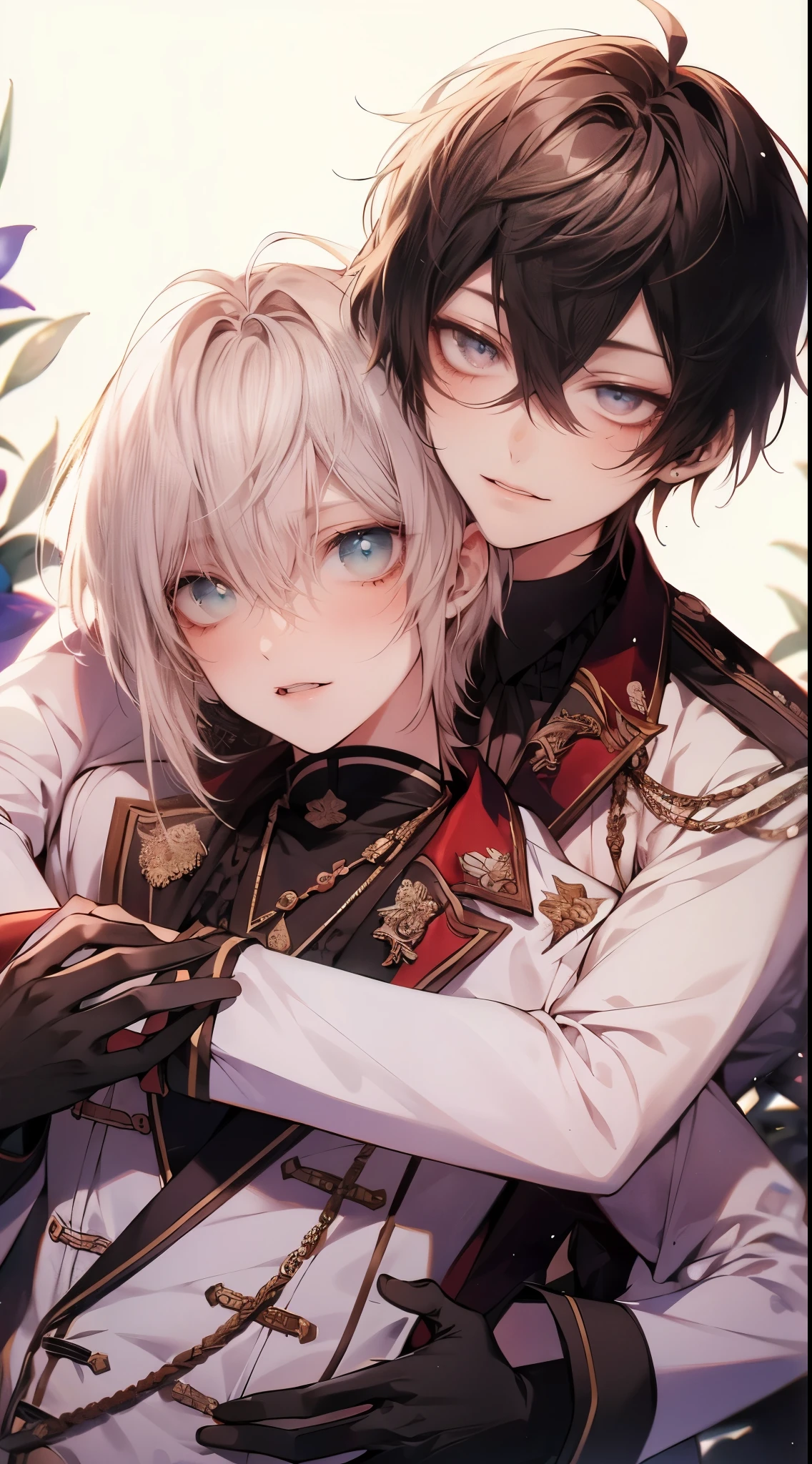 Anime style, two handsome young men, blonde with bangs, short white hair, blue eyes, uniform-like attire with lace details, purple flowers, floral patterns in the background, one embracing the other from behind, One person looked surprised, the other person smiled, background with light effects, delicate expressions, clothes with decorative patterns