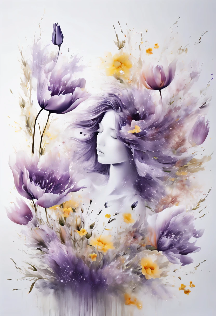 This watercolor flower painting presents an elegant and fresh visual effect。Field of wildflowers and tulips,Forming the perfect combination of nature and romance。The screen is dominated by a white background,Highlight isolated watercolor flower。Splash technology recreates wet conditions,The atmosphere seems vague and dreamy。Unique composition and abstract expression add to the artistic feel of the picture,Contains elements of surrealism。The overall color tone is mainly light tones,Purple and gold complement each other beautifully,Show high-resolution details。The splash-ink effect adds a touch of agility to the picture,The light color gives the flowers a deep and restrained beauty.