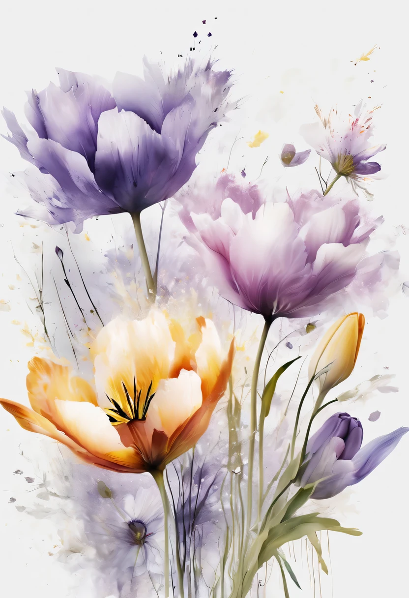 This watercolor flower painting presents an elegant and fresh visual effect。Field of wildflowers and tulips，Forming the perfect combination of nature and romance。The screen is dominated by a white background，Highlight isolated watercolor flower。Splash technology recreates wet conditions，The atmosphere seems vague and dreamy。Unique composition and abstract expression add to the artistic feel of the picture，Contains elements of surrealism。The overall color tone is mainly light tones，Purple and gold complement each other beautifully，Show high-resolution details。The splash-ink effect adds a touch of agility to the picture，The light color gives the flowers a deep and restrained beauty.