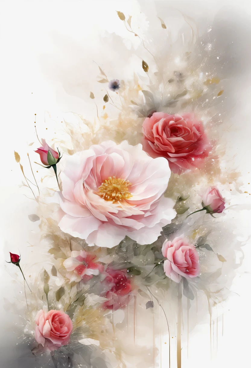 This watercolor flower painting presents an elegant and fresh visual effect。Wildflowers and roses in the field,Forming the perfect combination of nature and romance。The screen is dominated by a white background,Highlight isolated watercolor flower。Splash technology recreates wet conditions,The atmosphere seems vague and dreamy。Unique composition and abstract expression add to the artistic feel of the picture,Contains elements of surrealism。The overall color tone is mainly light tones,Red and gold complement each other,Show high-resolution details。The splash-ink effect adds a touch of agility to the picture,The light color gives the flowers a deep and restrained beauty.