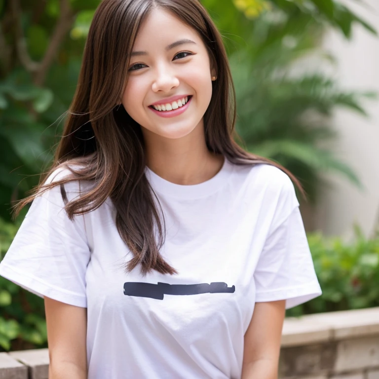 Beautiful girl with a smile、large white t-shirt、