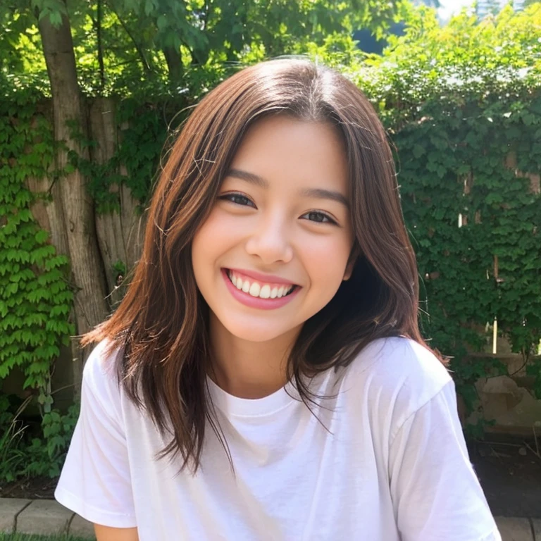 Beautiful girl with a smile、large white t-shirt、