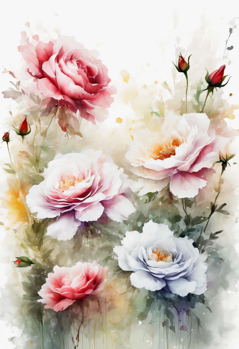 This watercolor flower painting presents an elegant and fresh visual effect。Wildflowers and roses in the field，Forming the perfect combination of nature and romance。The screen is dominated by a white background，Highlight isolated watercolor flower。Splash technology recreates wet conditions，The atmosphere seems vague and dreamy。Unique composition and abstract expression add to the artistic feel of the picture，Contains elements of surrealism。The overall color tone is mainly light tones，Red and gold complement each other，Show high-resolution details。The splash-ink effect adds a touch of agility to the picture，The light color gives the flowers a deep and restrained beauty.