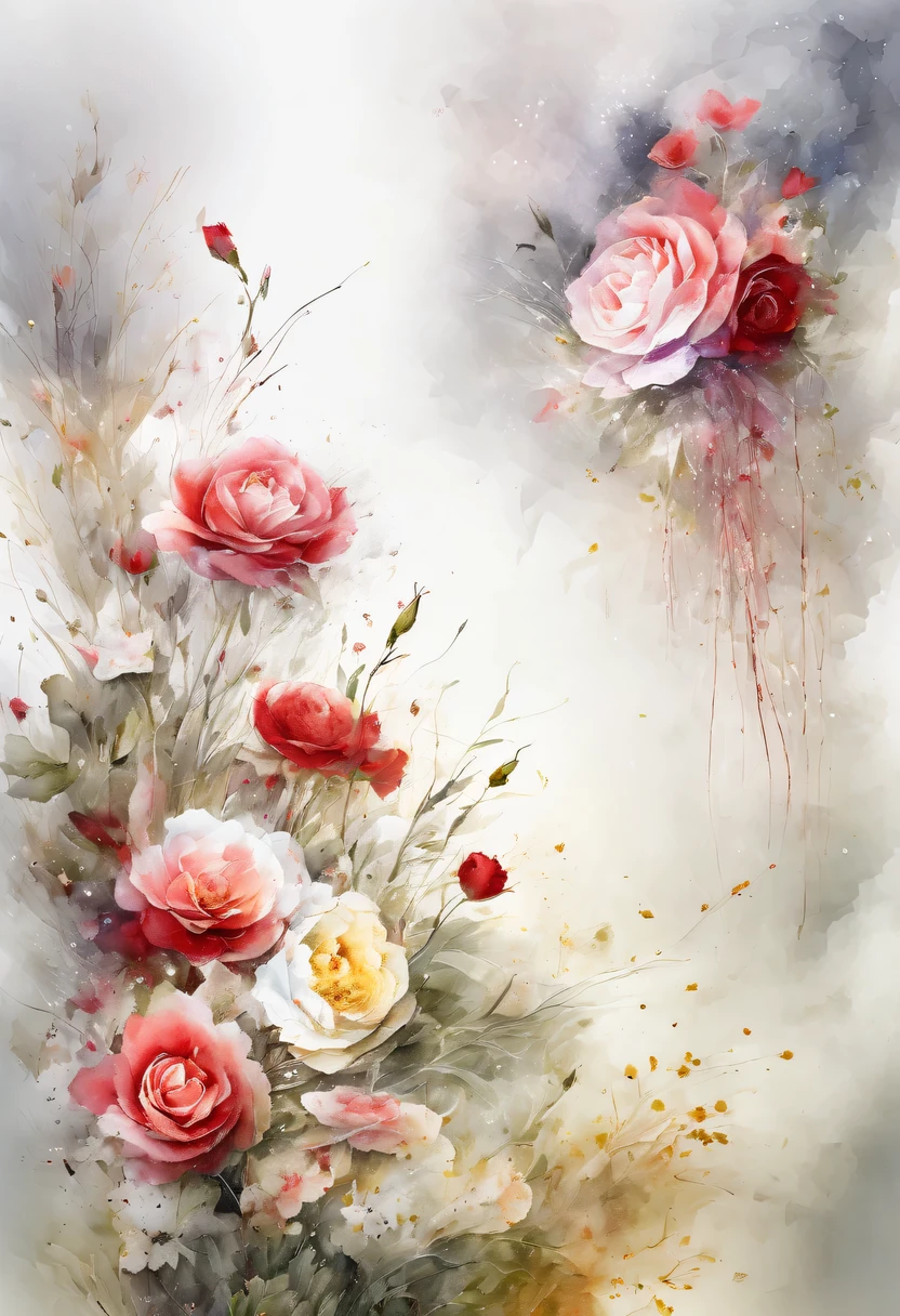 This watercolor flower painting presents an elegant and fresh visual effect。Wildflowers and roses in the field，Forming the perfect combination of nature and romance。The screen is dominated by a white background，Highlight isolated watercolor flower。Splash technology recreates wet conditions，The atmosphere seems vague and dreamy。Unique composition and abstract expression add to the artistic feel of the picture，Contains elements of surrealism。The overall color tone is mainly light tones，Red and gold complement each other，Show high-resolution details。The splash-ink effect adds a touch of agility to the picture，The light color gives the flowers a deep and restrained beauty.