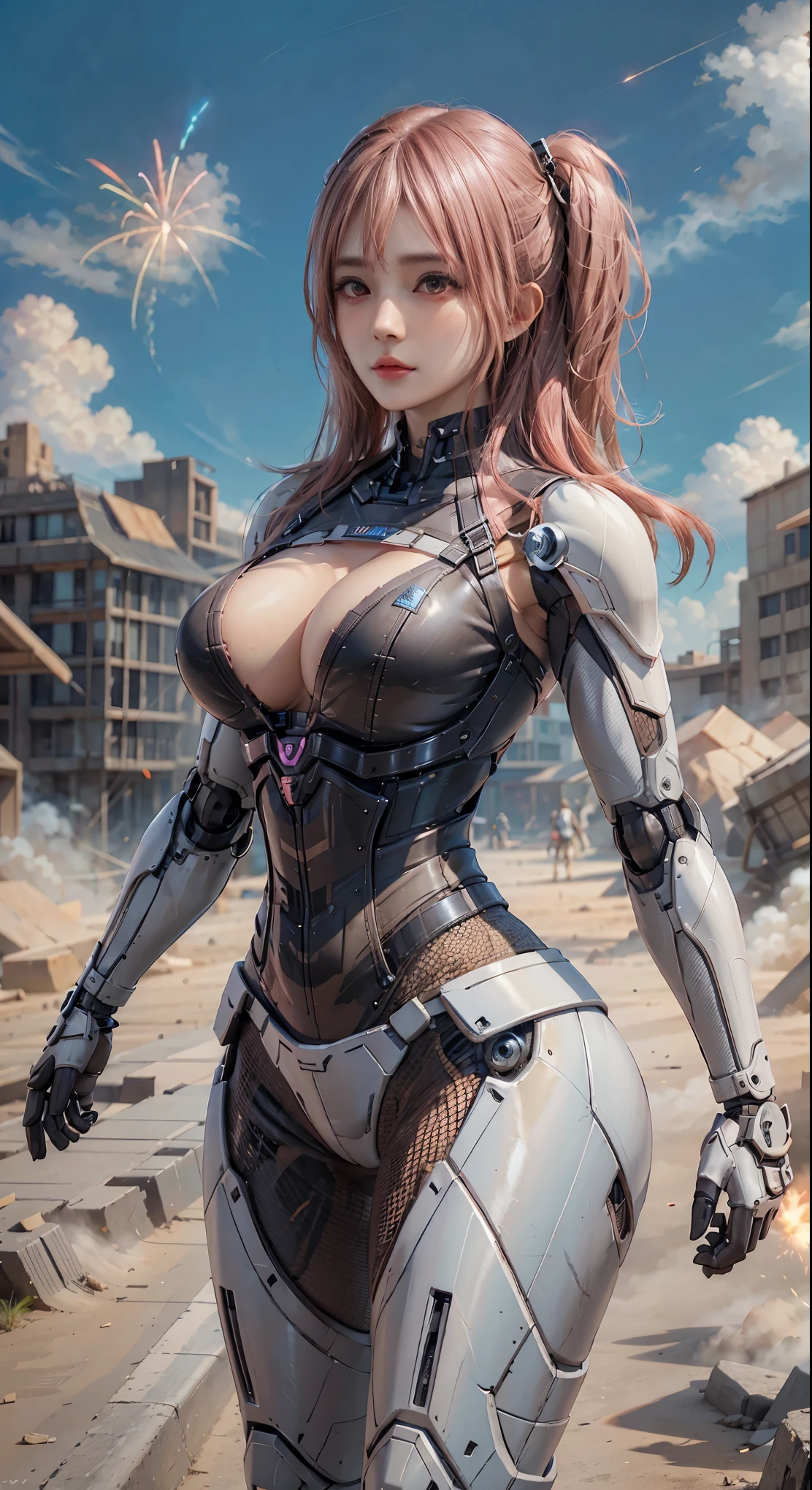 lifelike, high resolution, fire, soft light,1 female, alone, Buttocks up, (Detailed face), pink hair, pistol,long hair, Mecha girl, Armageddon,Mechanical parts box,smoke , joint, knife, single mechanical arm,gun, Mechanical limbs,ruins, Mechanical Halo, super huge , very huge,very huge ,, Electromechanical jumpsuit, war,mecha corset, combat, Huge chest attracts viewers,very huge breasts,low cut,facing the audience, very huge山雀,gun,facing front, towards the reader,Missiles,explode,fireworks,Metal mech