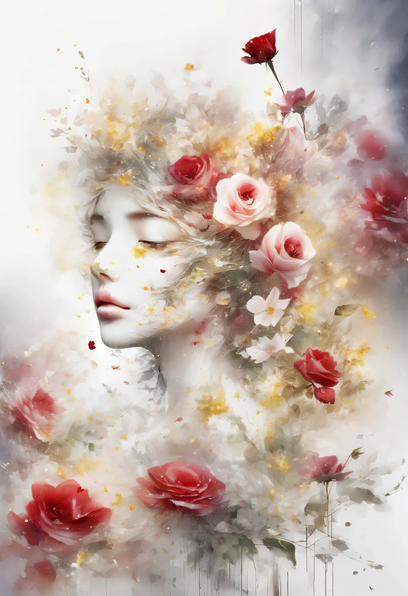 This watercolor flower painting presents an elegant and fresh visual effect。Wildflowers and roses in the field,Forming the perfect combination of nature and romance。The screen is dominated by a white background,Highlight isolated watercolor flower。Splash technology recreates wet conditions,The atmosphere seems vague and dreamy。Unique composition and abstract expression add to the artistic feel of the picture,Contains elements of surrealism。The overall color tone is mainly light tones,Red and gold complement each other,Show high-resolution details。The splash-ink effect adds a touch of agility to the picture,The light color gives the flowers a deep and restrained beauty.